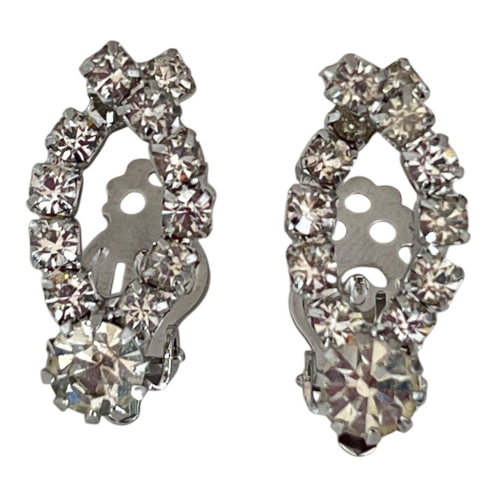 Vintage 1960s Rhinestone Dangle Earrings Clear Crystal Silver Tone Clip - 8O